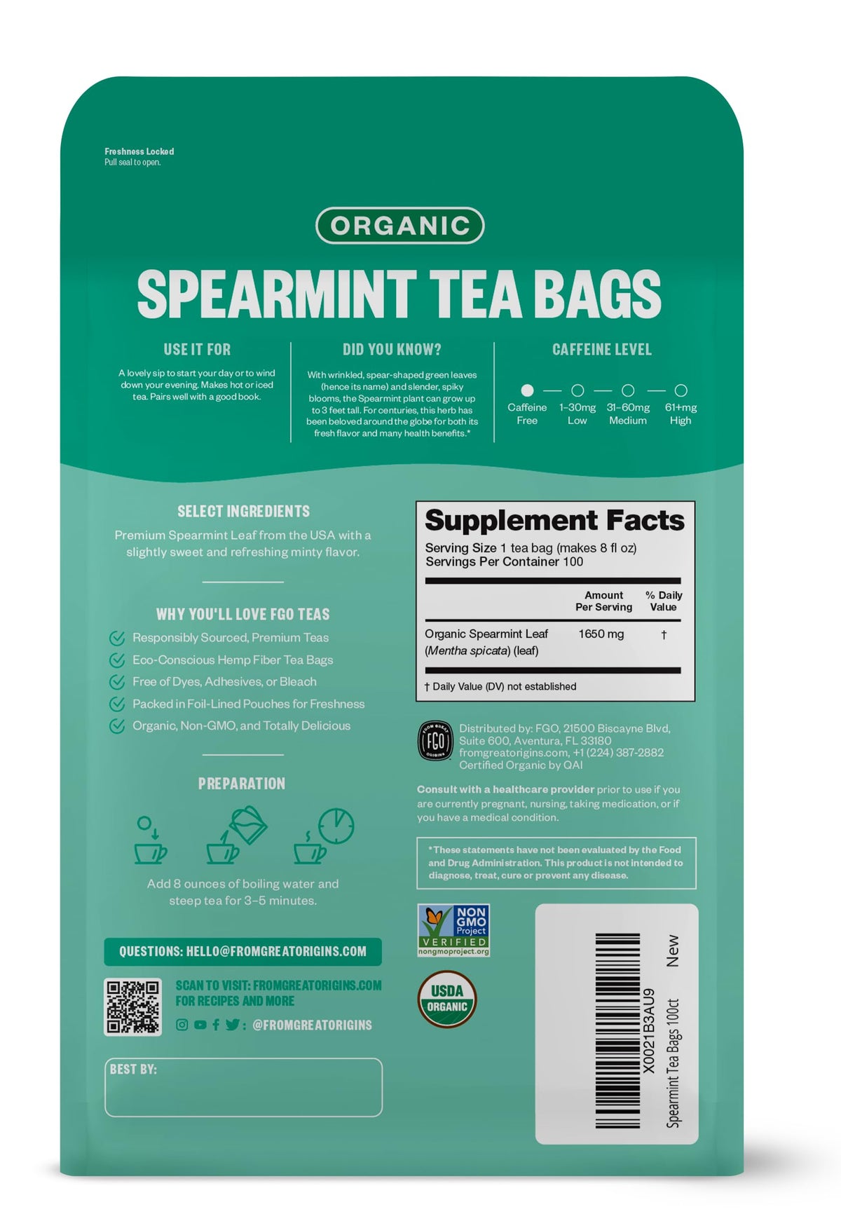 FGO Organic Spearmint Leaf Tea – 100 Count, Caffeine Free, Eco-Conscious Tea Bags, Pack of 1