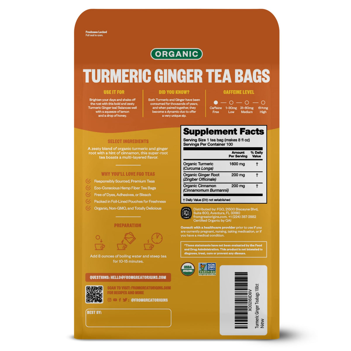 FGO Organic Turmeric Ginger Tea — 100 Eco-Conscious Bags, Packaging May Vary, Pack of 1, USDA Organic & Non-GMO