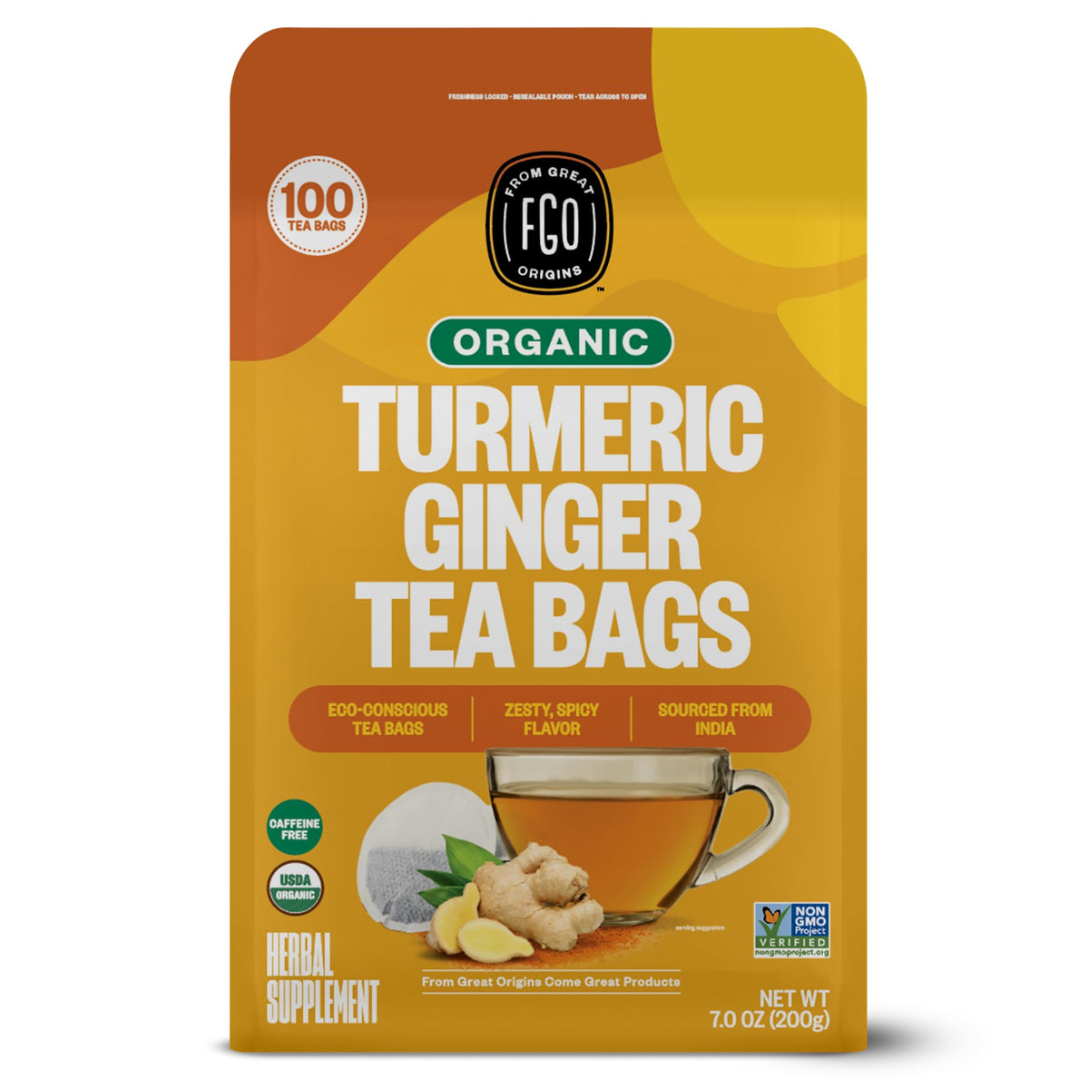 FGO Organic Turmeric Ginger Tea — 100 Eco-Conscious Bags, Packaging May Vary, Pack of 1, USDA Organic & Non-GMO