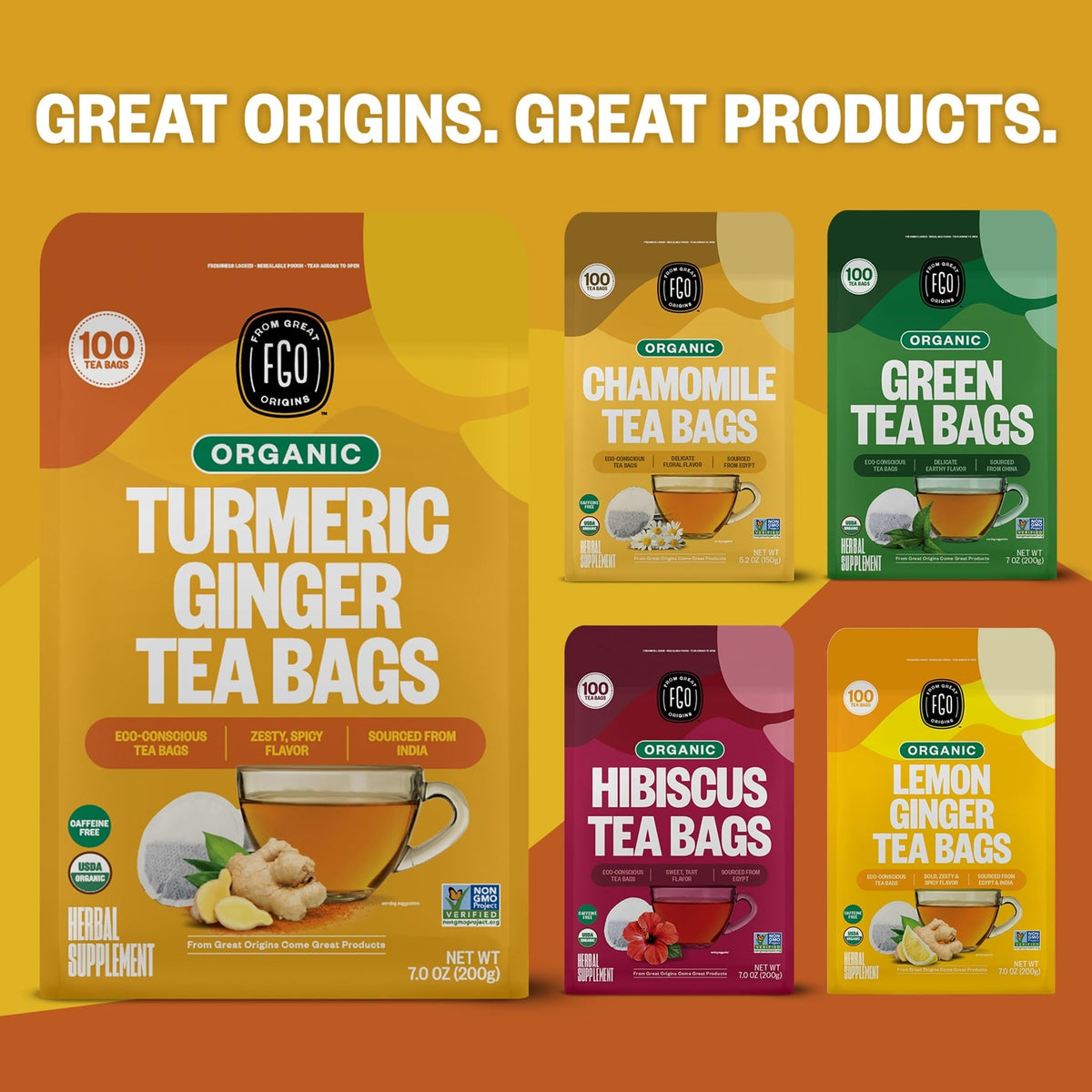 FGO Organic Turmeric Ginger Tea — 100 Eco-Conscious Bags, Packaging May Vary, Pack of 1, USDA Organic & Non-GMO