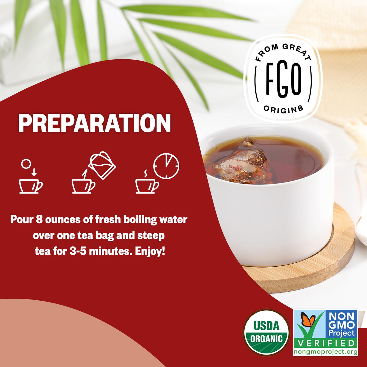 FGO Organic Rooibos Tea, 100 Eco-Conscious Bags, Caffeine Free (Packaging May Vary)