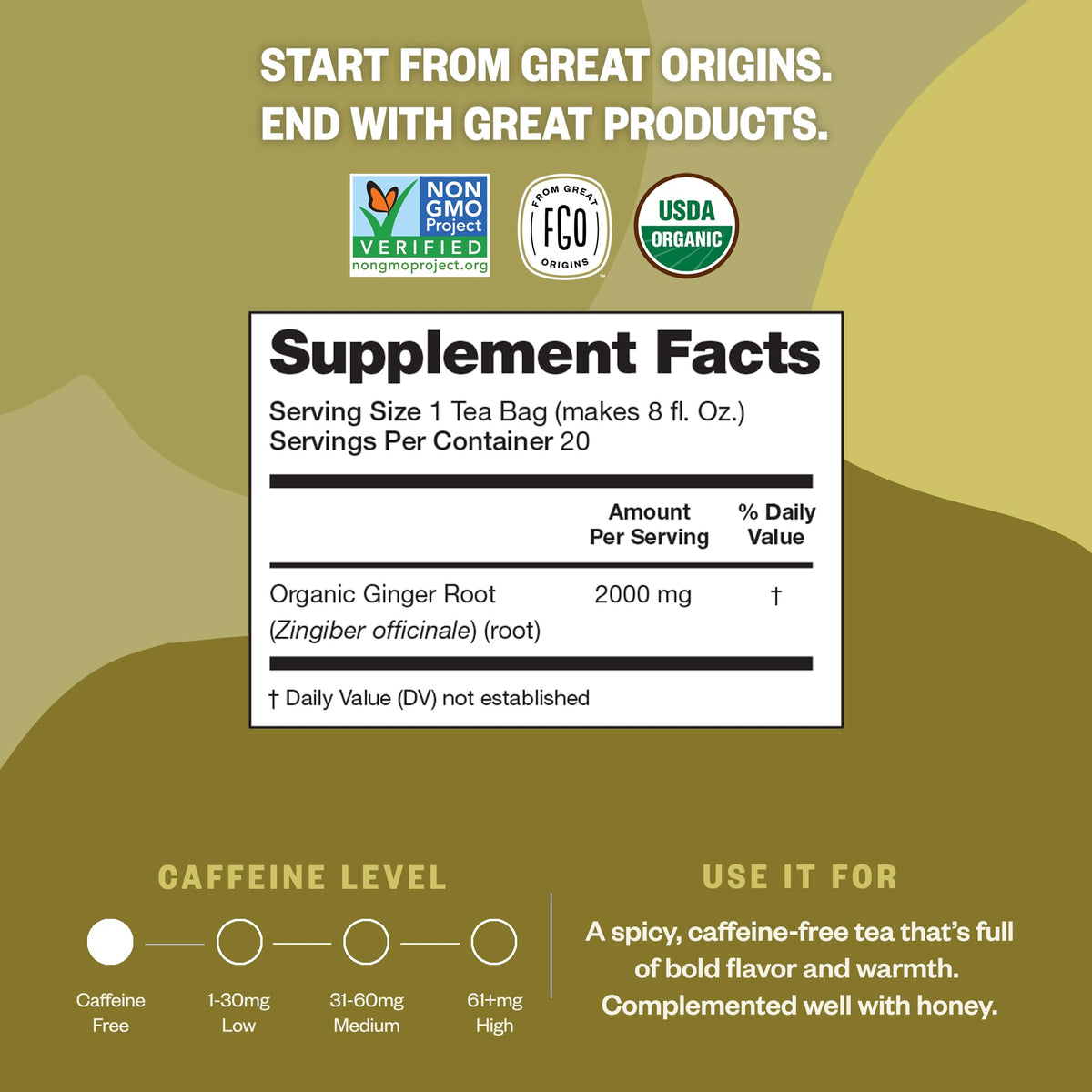 FGO Organic Ginger Tea – 100 Count, Caffeine Free, Eco-Conscious Tea Bags (Pack of 1)