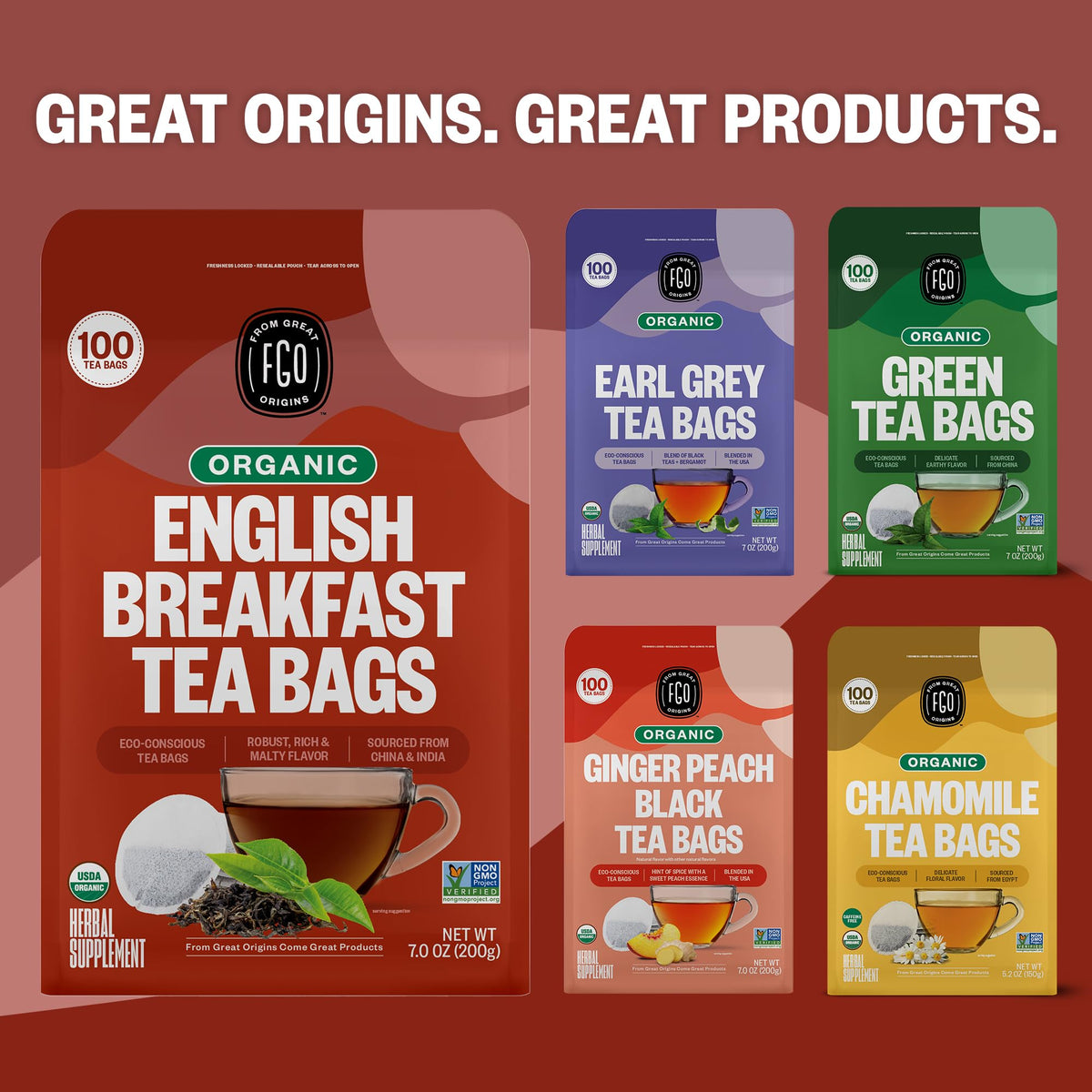FGO Organic English Breakfast Tea, 100 Eco Tea Bags, Resealable Bag (Packaging May Vary)