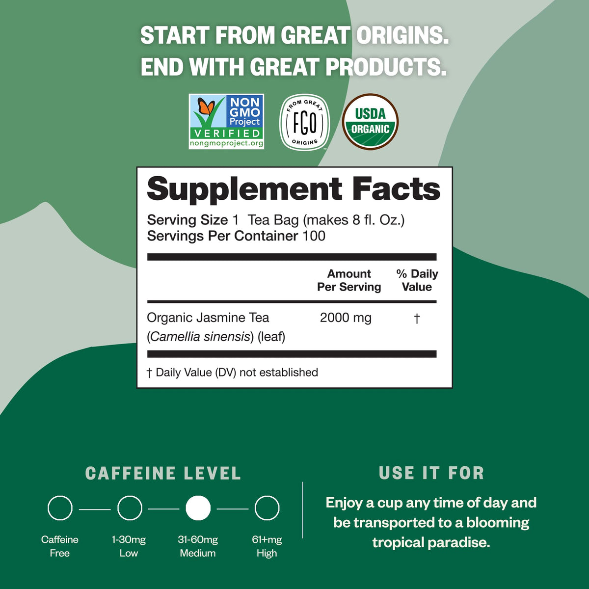 FGO Organic Jasmine Green Tea – 100 Count, Eco-Conscious Tea Bags, Resealable Bag