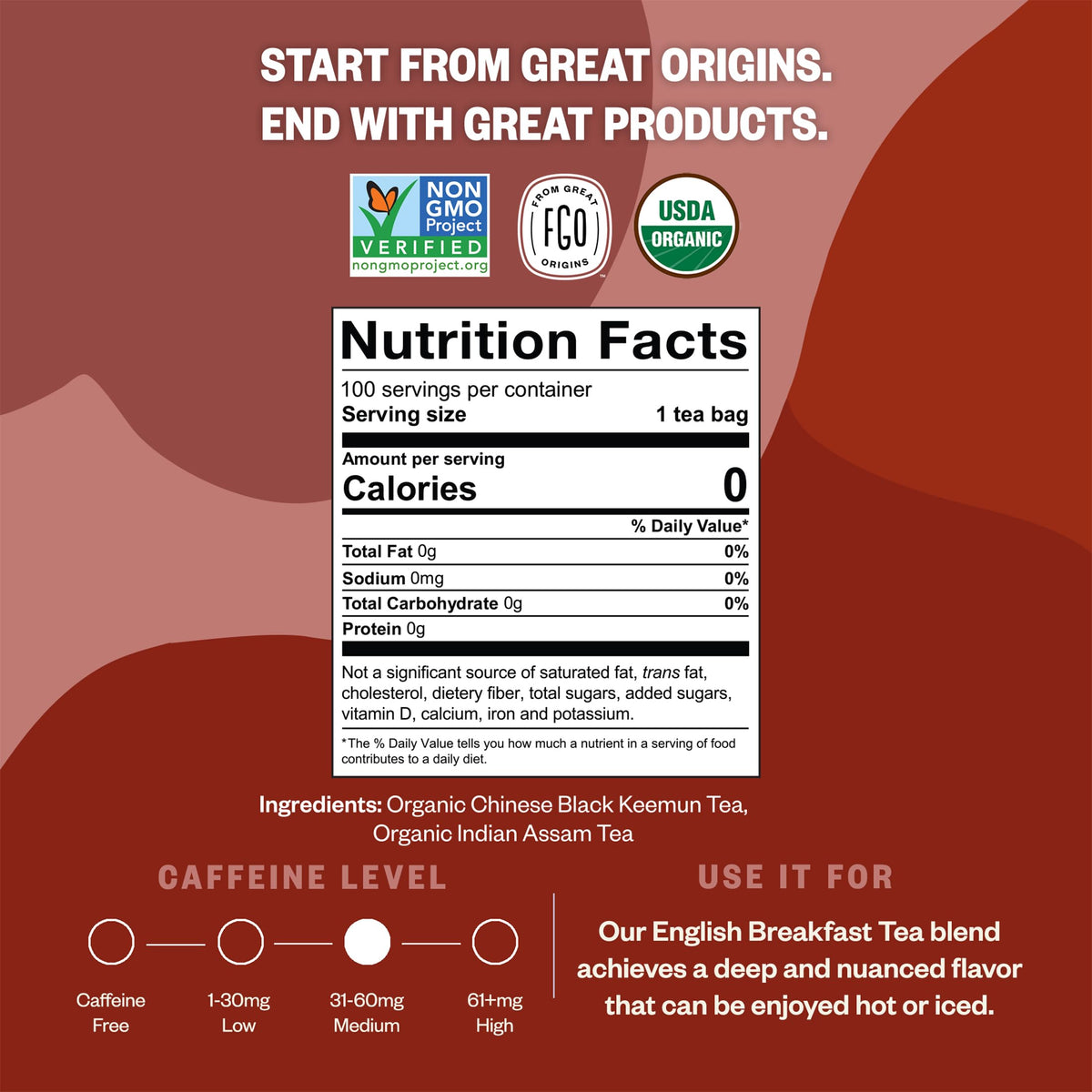 FGO Organic English Breakfast Tea, 100 Eco Tea Bags, Resealable Bag (Packaging May Vary)