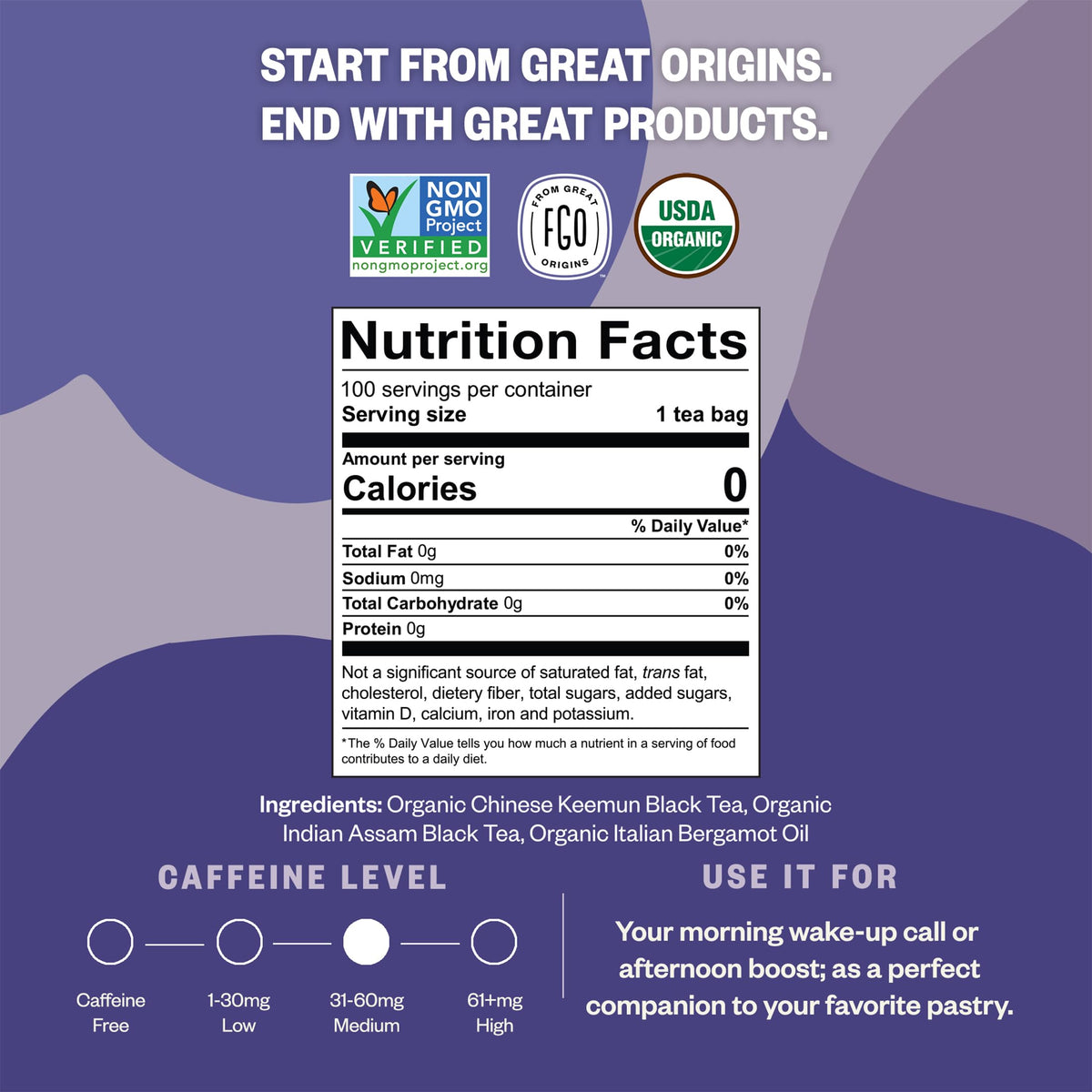 FGO Organic Earl Grey Black Tea – 100 Eco-Conscious Bags, Resealable Pack (Pack of 1)
