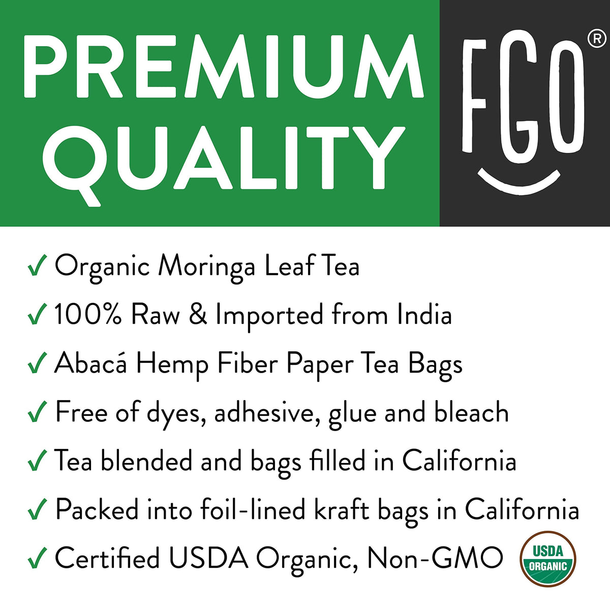FGO Organic Moringa Tea - 100 Eco-Conscious Tea Bags, Caffeine Free, Resealable Pack (Pack of 1)