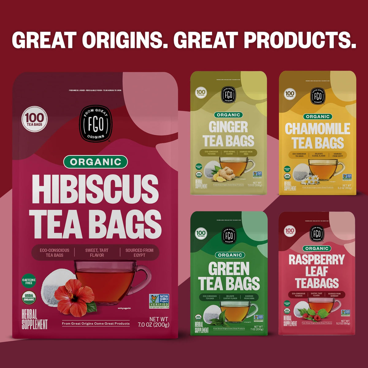 FGO Organic Hibiscus Tea – 100 Count, Eco-Conscious Tea Bags, Caffeine Free (Pack of 1)