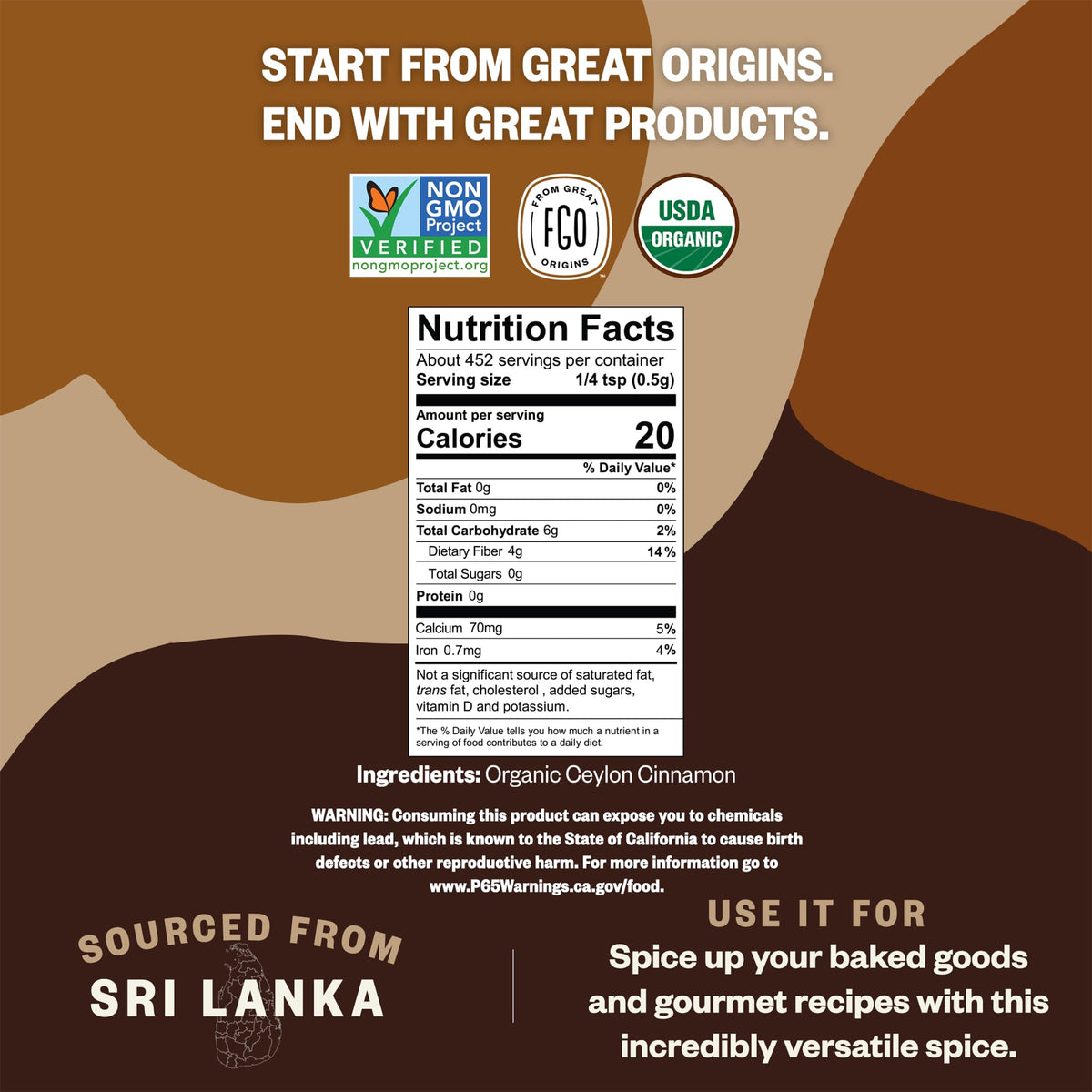 FGO Organic Ceylon Cinnamon Powder – 8oz, True Sri Lankan Cinnamon, USDA Organic & Non-GMO