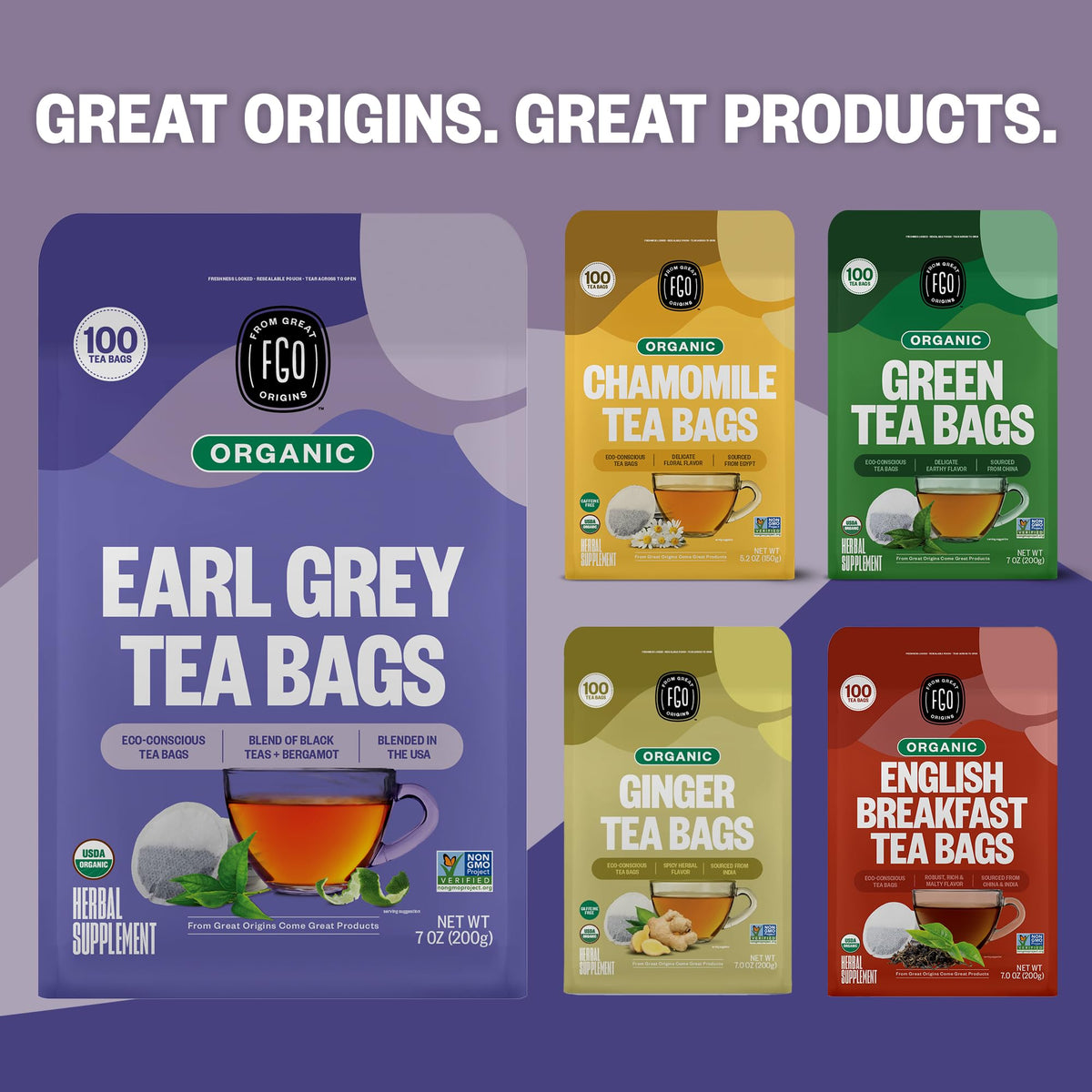 FGO Organic Earl Grey Black Tea – 100 Eco-Conscious Bags, Resealable Pack (Pack of 1)