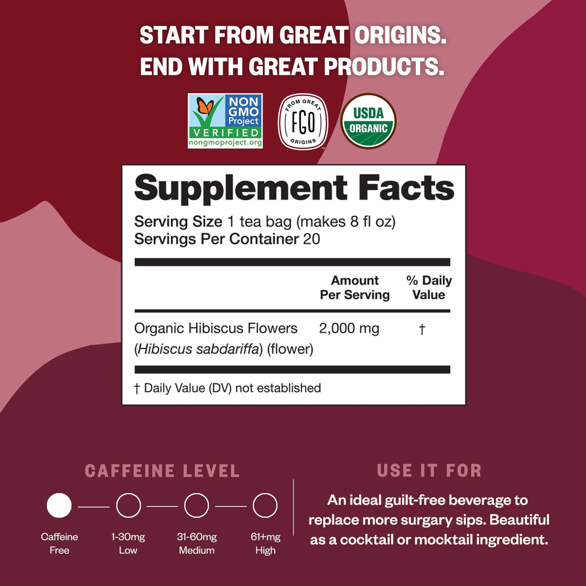 FGO Organic Hibiscus Tea – 100 Count, Eco-Conscious Tea Bags, Caffeine Free (Pack of 1)