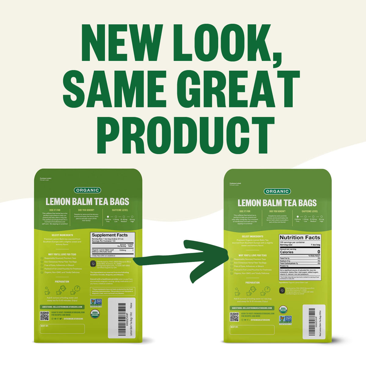 FGO Organic Lemon Balm Tea – Caffeine-Free, 100 Bags, Eco-Conscious & Resealable
