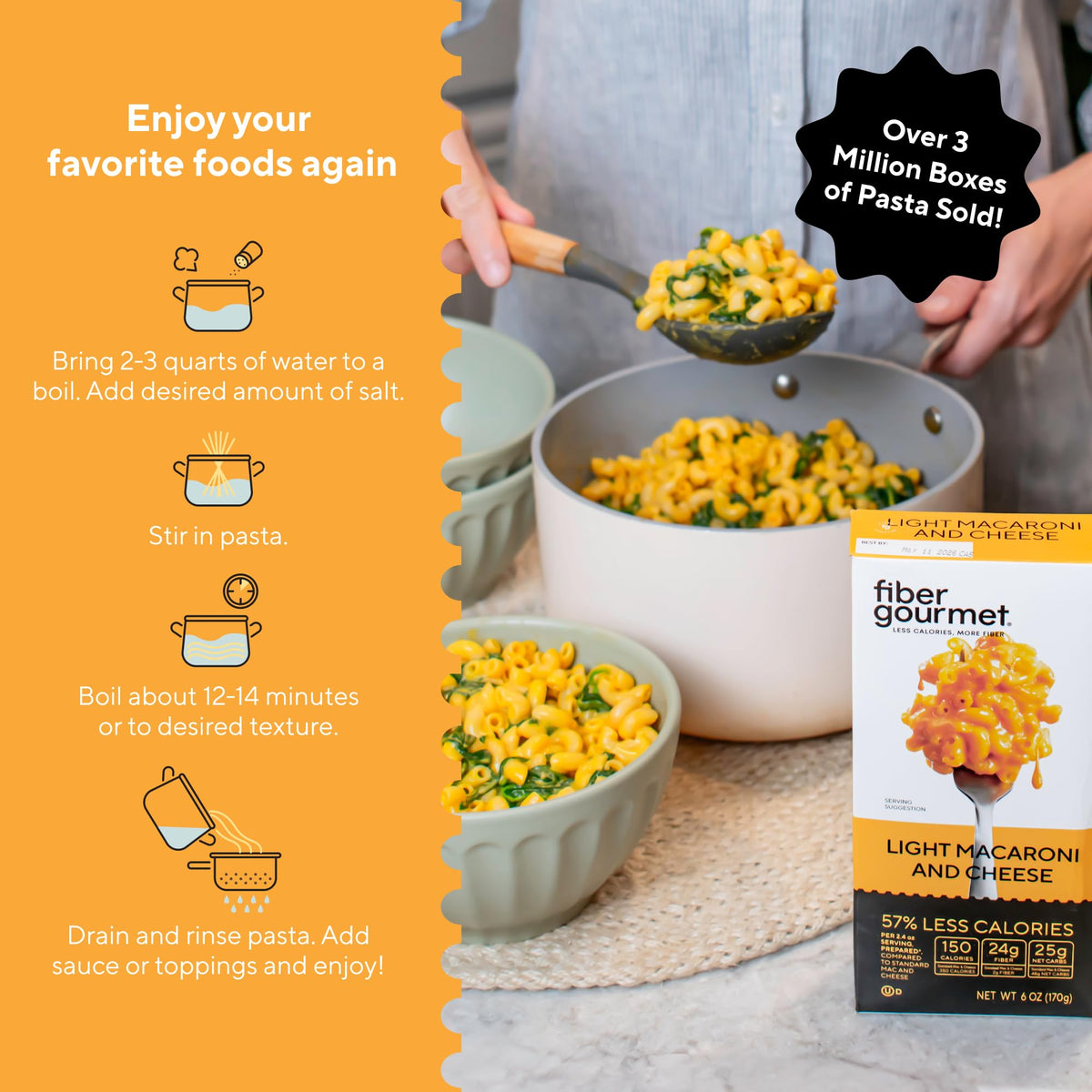 Fiber Gourmet Mac and Cheese - 24g Fiber, 150 Calories, Low Carb Pasta (6 Pack)