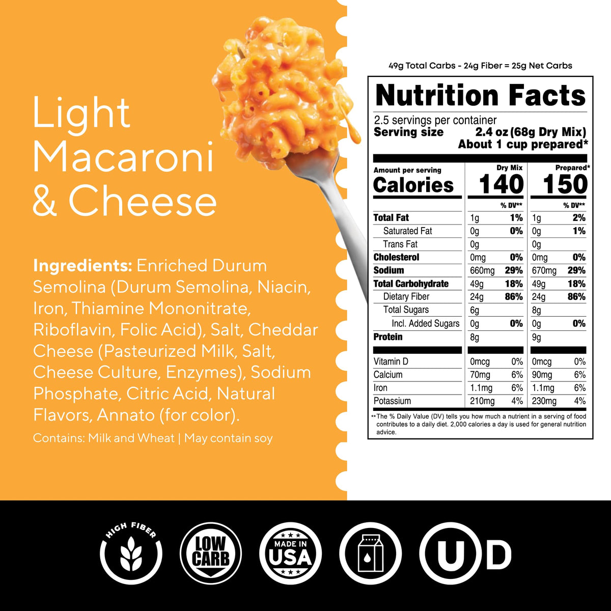 Fiber Gourmet Mac and Cheese - 24g Fiber, 150 Calories, Low Carb Pasta (6 Pack)