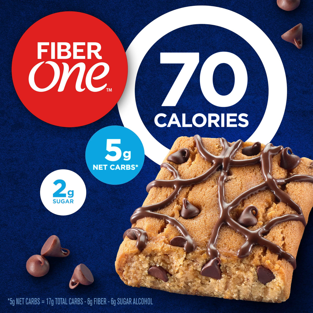 Fiber One 70 Calorie Chocolate Chip Cookie Brownie Bars — Pack of 8 (48 Bars Total, 6 Bars/Box)