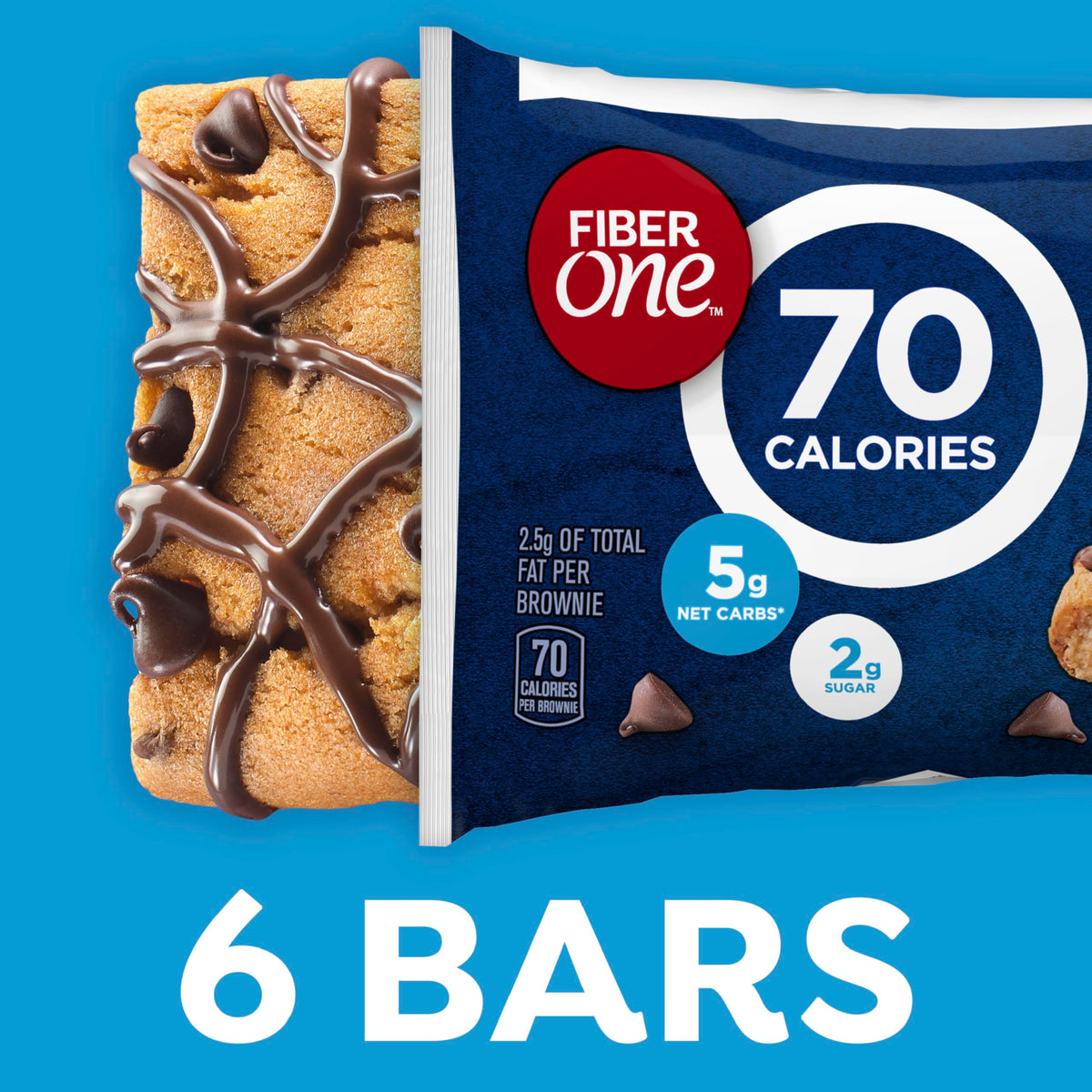 Fiber One 70 Calorie Chocolate Chip Cookie Brownie Bars — Pack of 8 (48 Bars Total, 6 Bars/Box)
