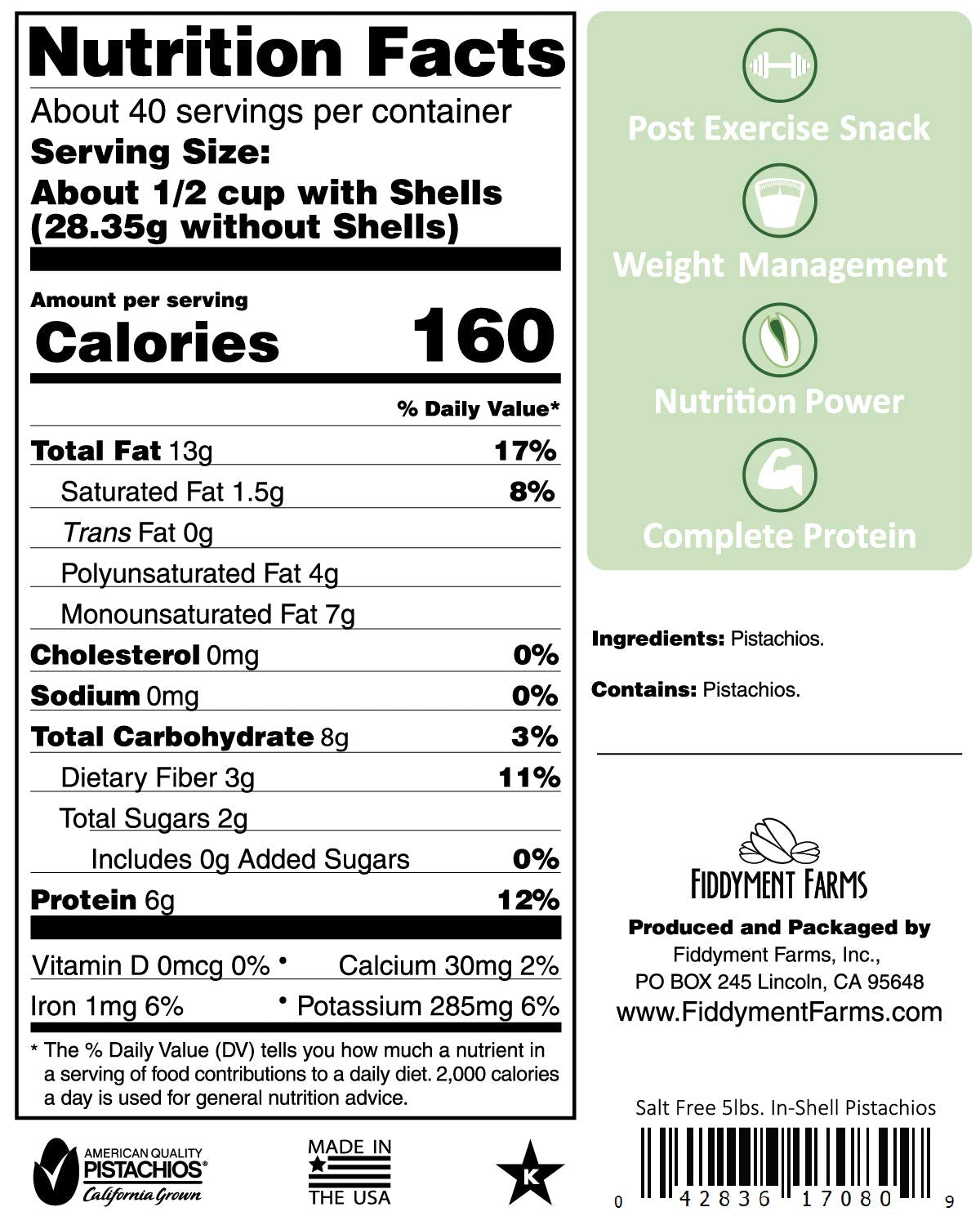 Fiddyment Farms Pistachios In-Shell Salt Free – 5 lb Bag
