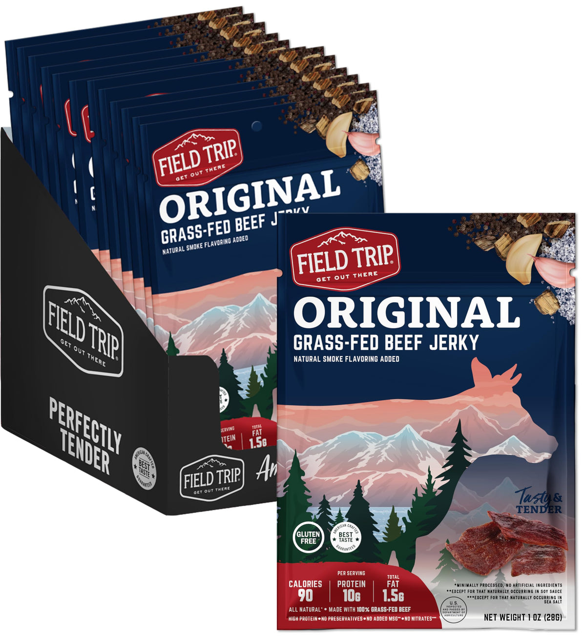 Field Trip Beef Jerky Original – 1 Oz Bag, 12 Pack Carton | Grass-Fed, Nitrate- & Preservative-Free