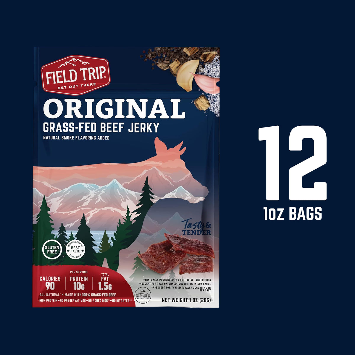 Field Trip Beef Jerky Original – 1 Oz Bag, 12 Pack Carton | Grass-Fed, Nitrate- & Preservative-Free