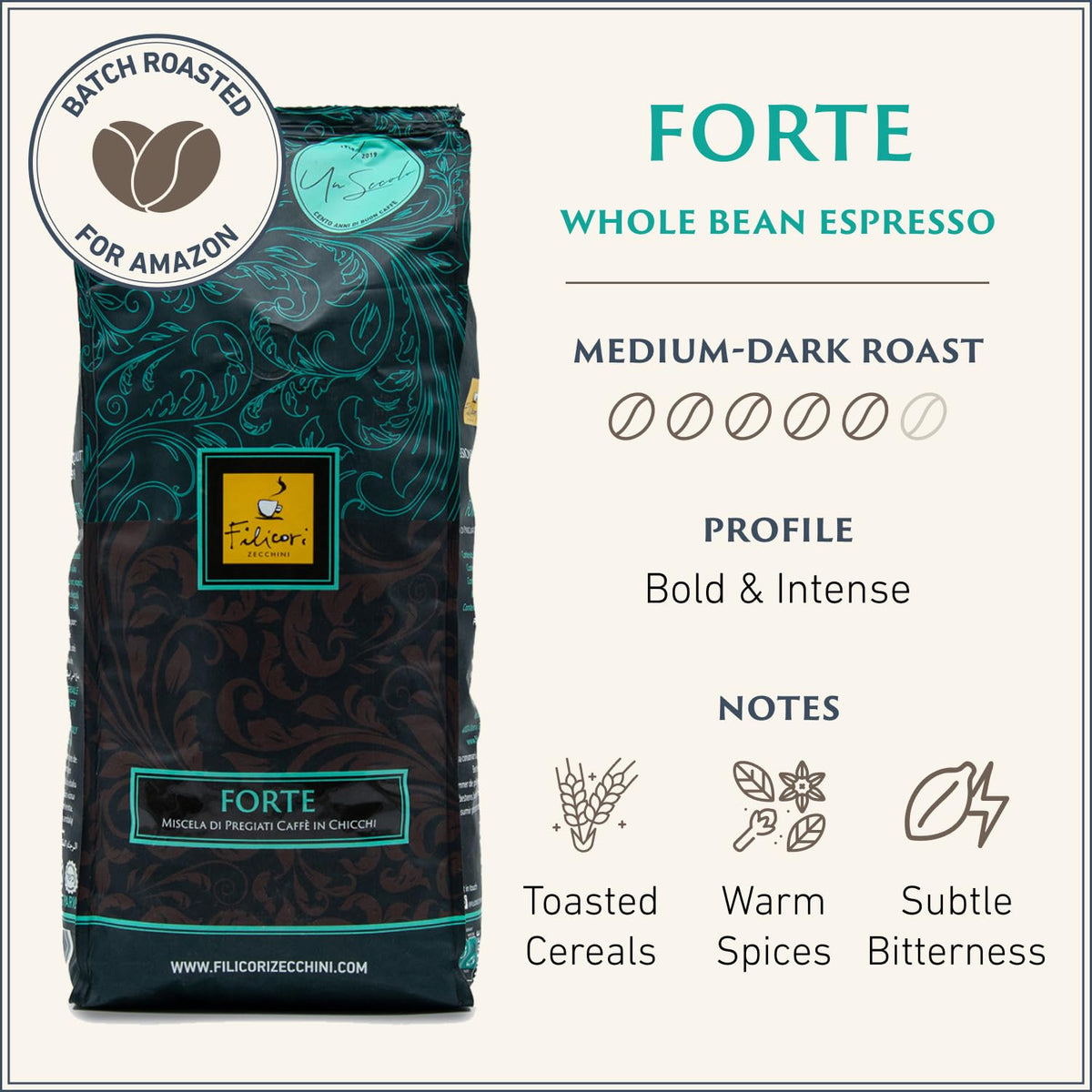 Filicori Zecchini Forte Italian Espresso Beans – Bold Dark Roast, Whole Bean, 2.2lb