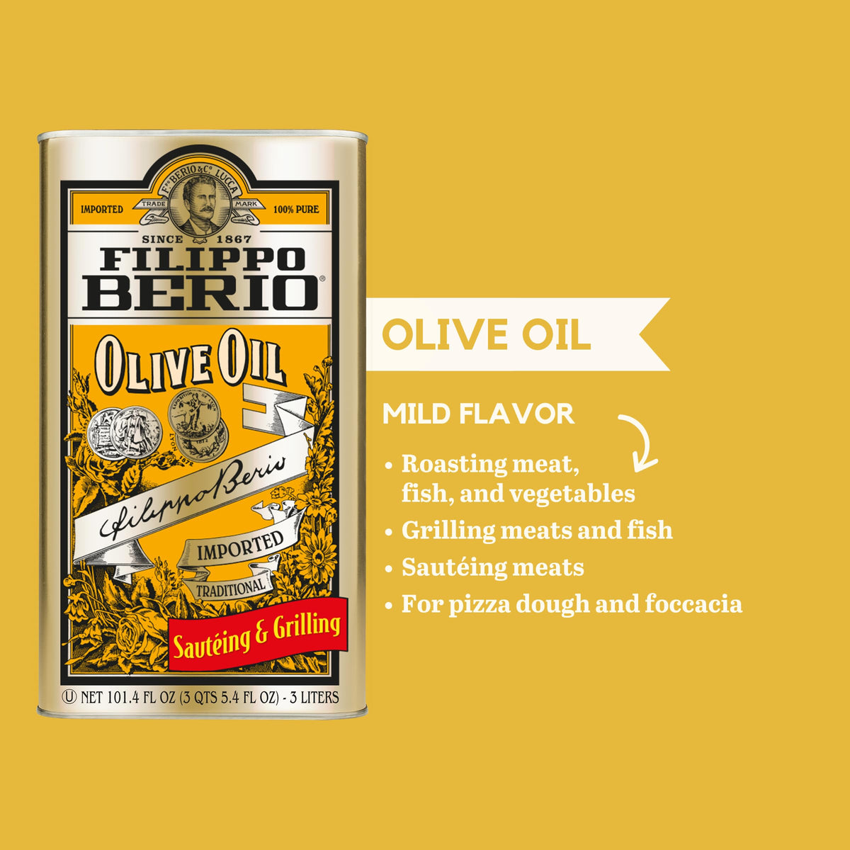 Filippo Berio Pure Olive Oil, 101.4 oz Tin – Mild Flavor, Kosher Certified