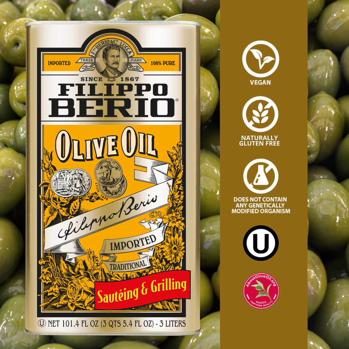 Filippo Berio Pure Olive Oil, 101.4 oz Tin – Mild Flavor, Kosher Certified