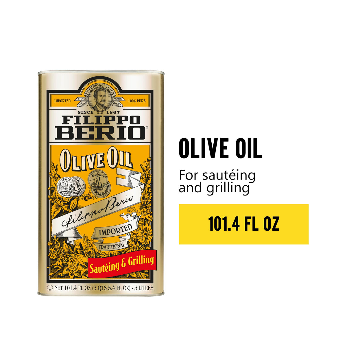 Filippo Berio Pure Olive Oil, 101.4 oz Tin – Mild Flavor, Kosher Certified