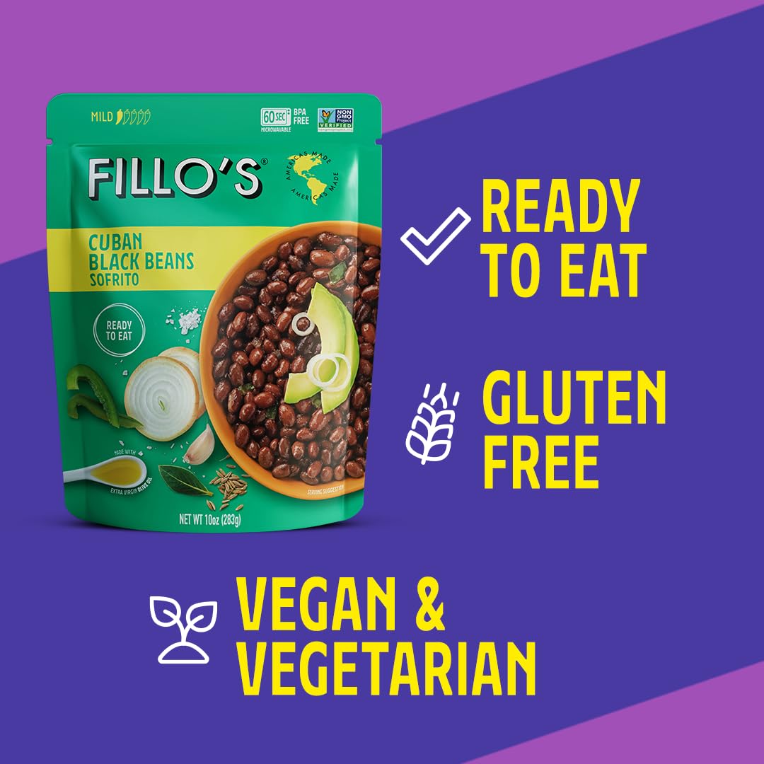 Fillos Cuban Black Beans – Ready-to-Eat, Gluten-Free, Non-GMO Plant Protein, Microwavable 10 oz Pouch (Pack of 6)