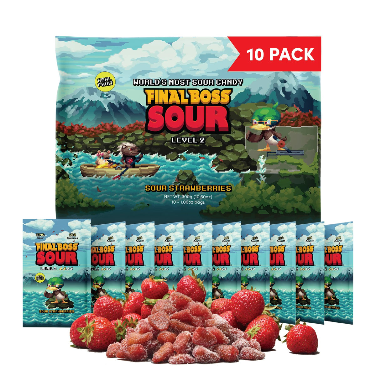 Final Boss Sour Candy Strawberry Level 2, 10-Pack | Real Dried Fruit, Clean Label
