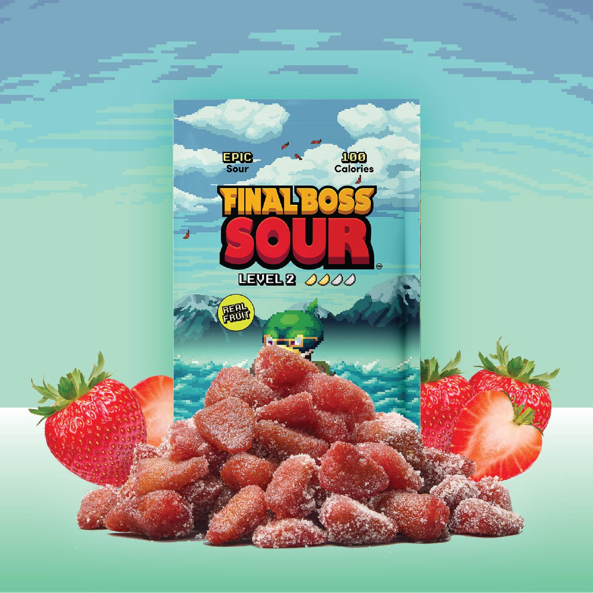 Final Boss Sour Candy Strawberry Level 2, 10-Pack | Real Dried Fruit, Clean Label