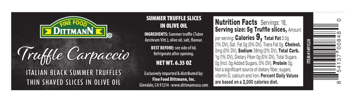 Fine Food Dittmann 100% Italian Black Summer Truffle Carpaccio in Olive Oil – 6.35 oz
