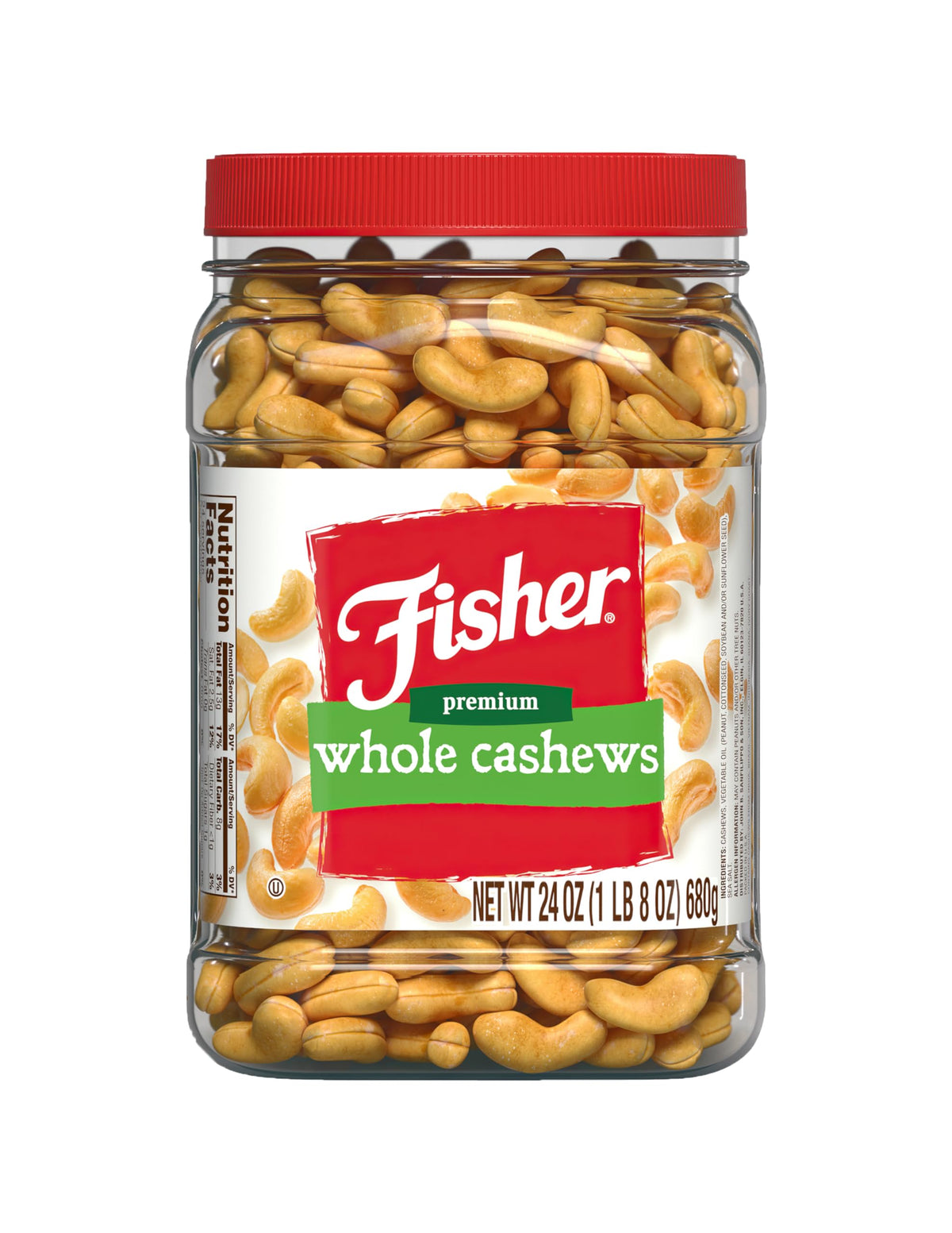 Fisher Snack Premium Whole Cashews – 24 oz Roasted with Sea Salt, No Artificial Colors or Flavors, Recyclable Jar