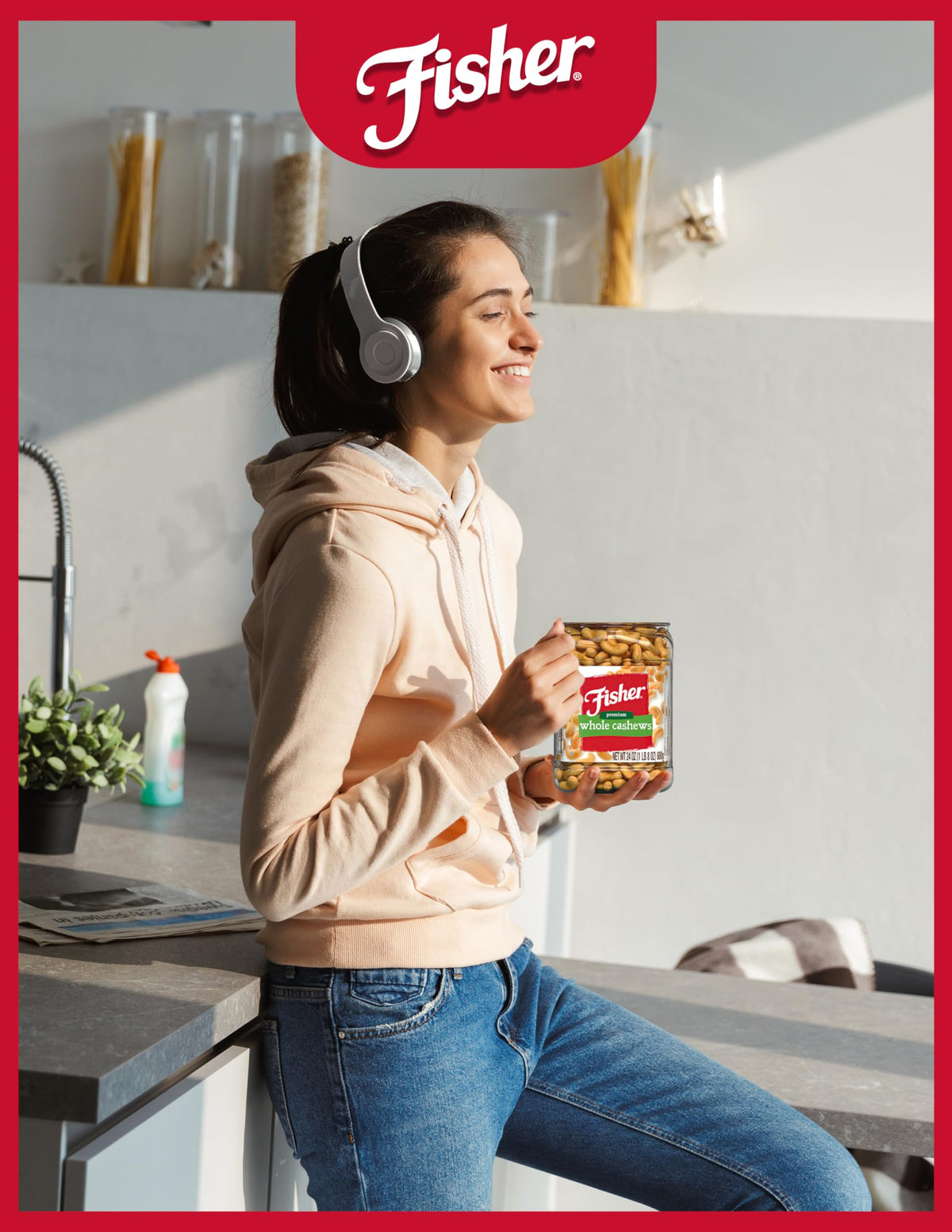 Fisher Snack Premium Whole Cashews – 24 oz Roasted with Sea Salt, No Artificial Colors or Flavors, Recyclable Jar