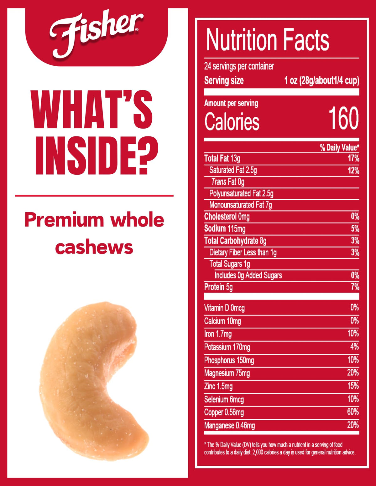 Fisher Snack Premium Whole Cashews – 24 oz Roasted with Sea Salt, No Artificial Colors or Flavors, Recyclable Jar