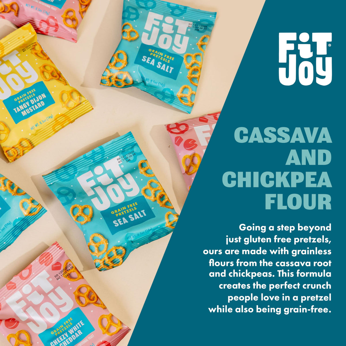 FitJoy Pretzel Variety Pack 24 (0.5 oz) – Tangy Dijon Mustard, Sea Salt & Cheezy White Cheddar | Grain-Free, Dairy/Nut/Gluten Free