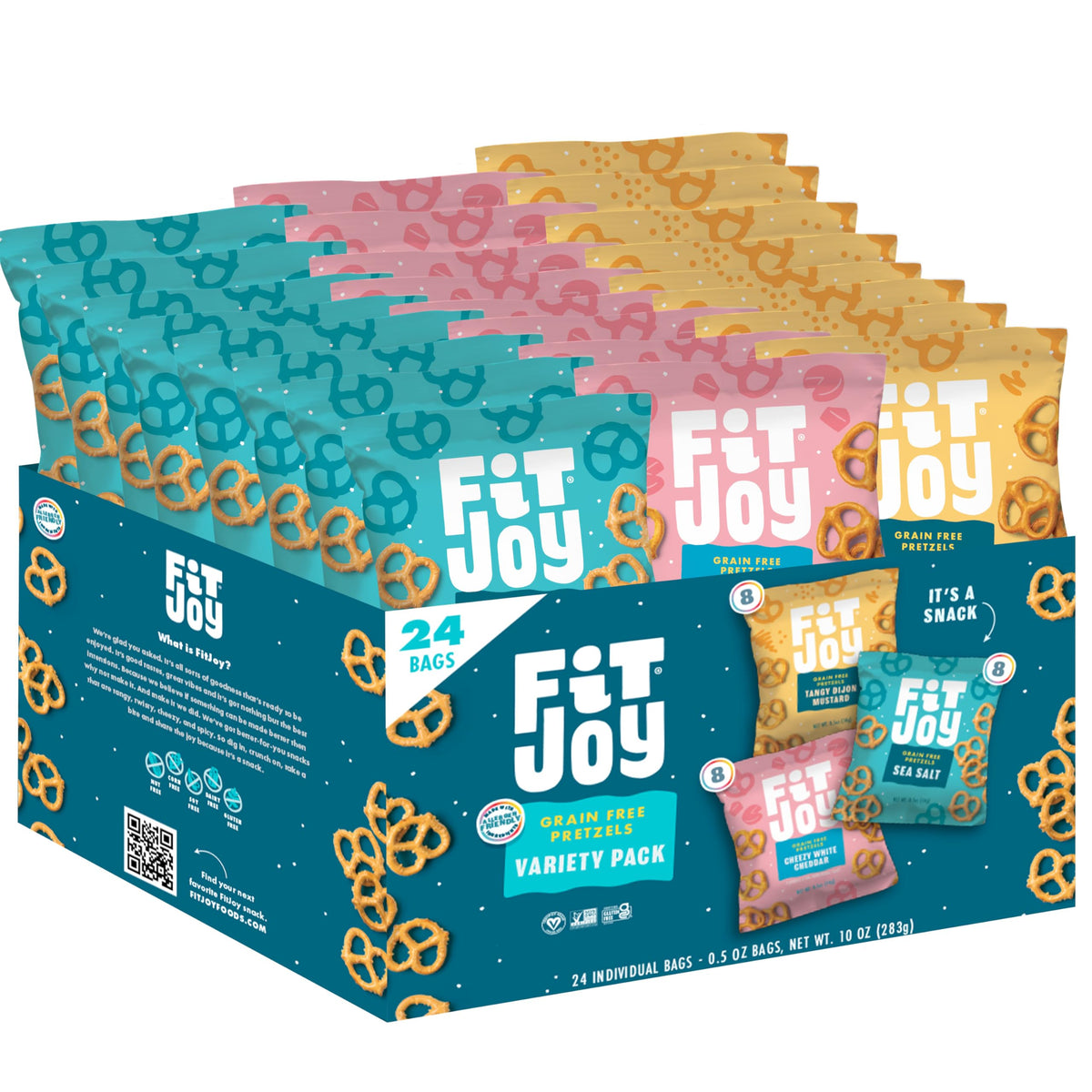 FitJoy Pretzel Variety Pack 24 (0.5 oz) – Tangy Dijon Mustard, Sea Salt & Cheezy White Cheddar | Grain-Free, Dairy/Nut/Gluten Free