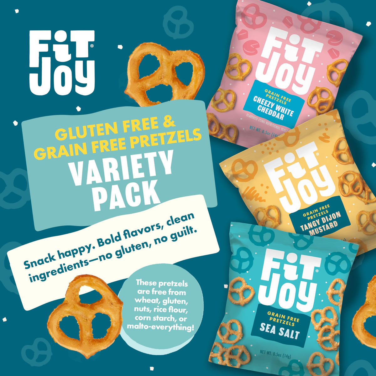FitJoy Pretzel Variety Pack 24 (0.5 oz) – Tangy Dijon Mustard, Sea Salt & Cheezy White Cheddar | Grain-Free, Dairy/Nut/Gluten Free