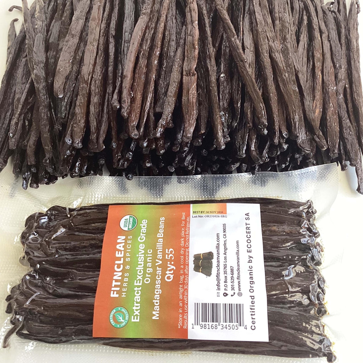 FITNCLEAN Vanilla Pods — 55 Organic Madagascar Bourbon Grade B (4–5 inches), USDA Organic