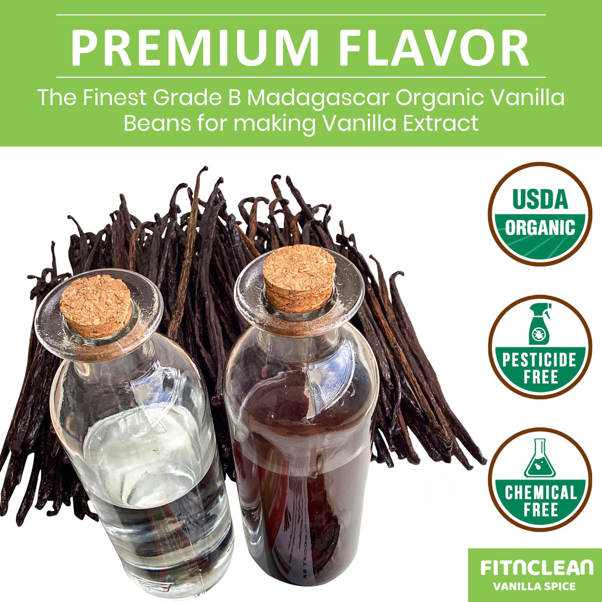 FITNCLEAN Vanilla Pods — 55 Organic Madagascar Bourbon Grade B (4–5 inches), USDA Organic