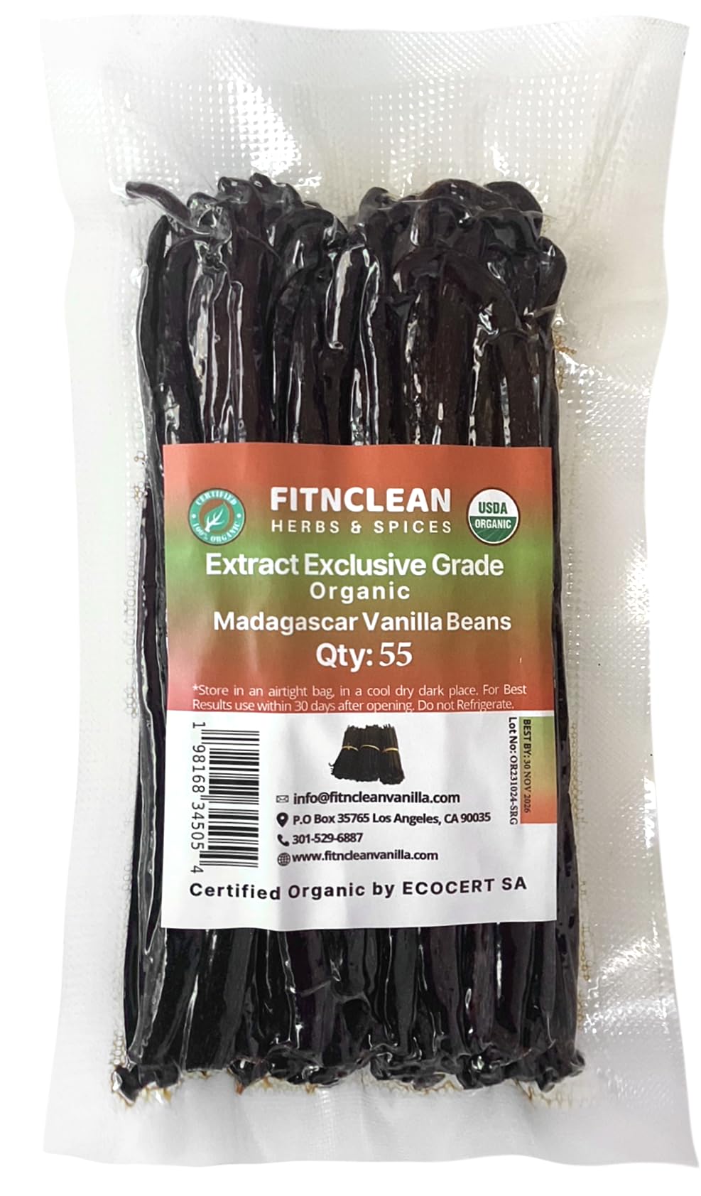 FITNCLEAN Vanilla Pods — 55 Organic Madagascar Bourbon Grade B (4–5 inches), USDA Organic