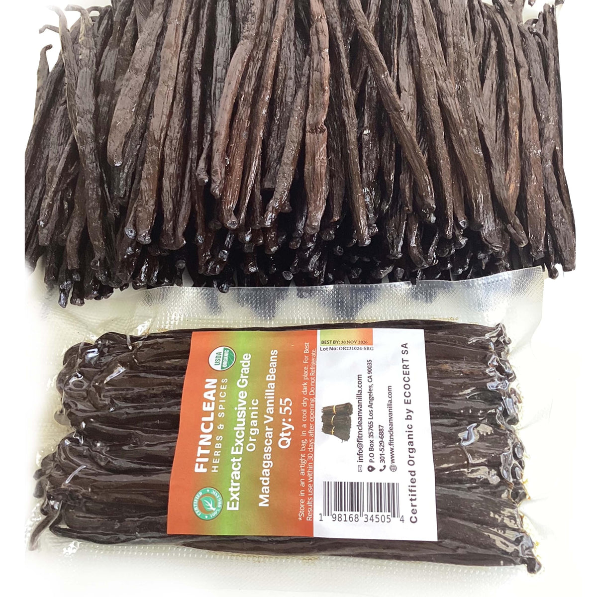 FITNCLEAN Vanilla Pods — 55 Organic Madagascar Bourbon Grade B (4–5 inches), USDA Organic