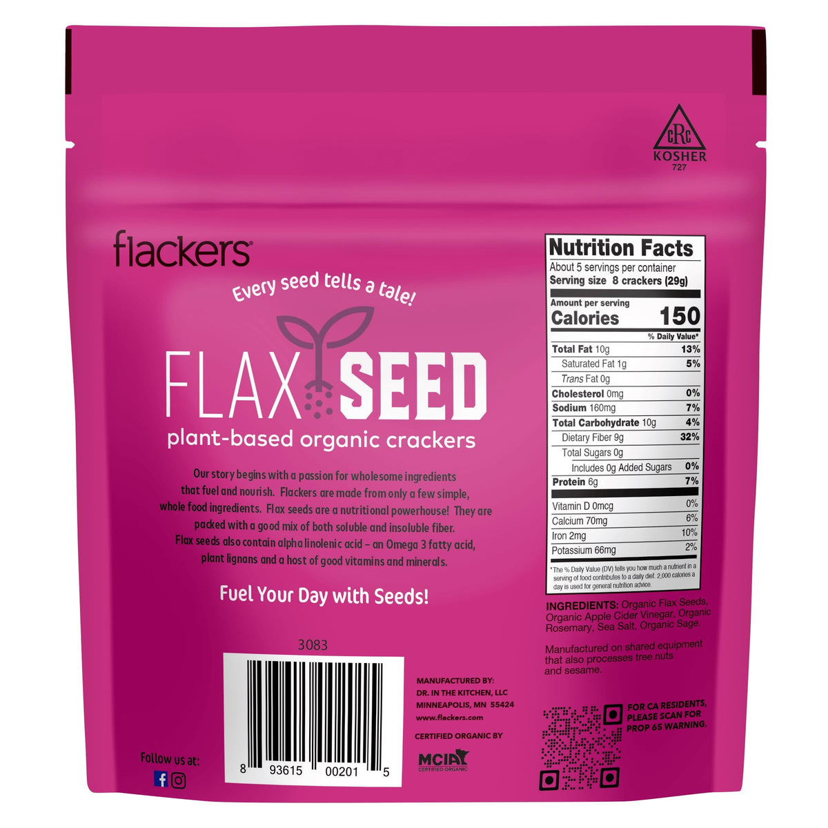 Flackers Organic Variety Flax Seed Crackers — Gluten Free, High Fiber, Low Net Carbs, Plant Protein, Vegan Keto Snack | 4-Pack 5 oz