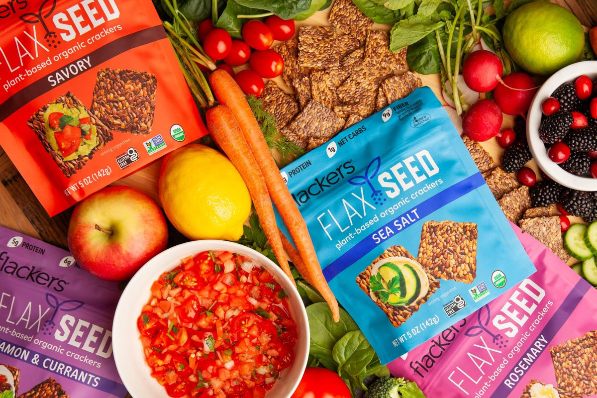 Flackers Organic Variety Flax Seed Crackers — Gluten Free, High Fiber, Low Net Carbs, Plant Protein, Vegan Keto Snack | 4-Pack 5 oz