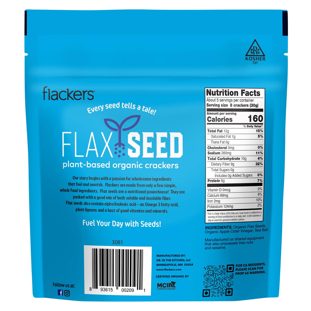 Flackers Organic Sea Salt Flax Seed Crackers – Gluten Free, High Fiber, Low Net Carbs, Vegan Keto Snack (4 x 5 oz)