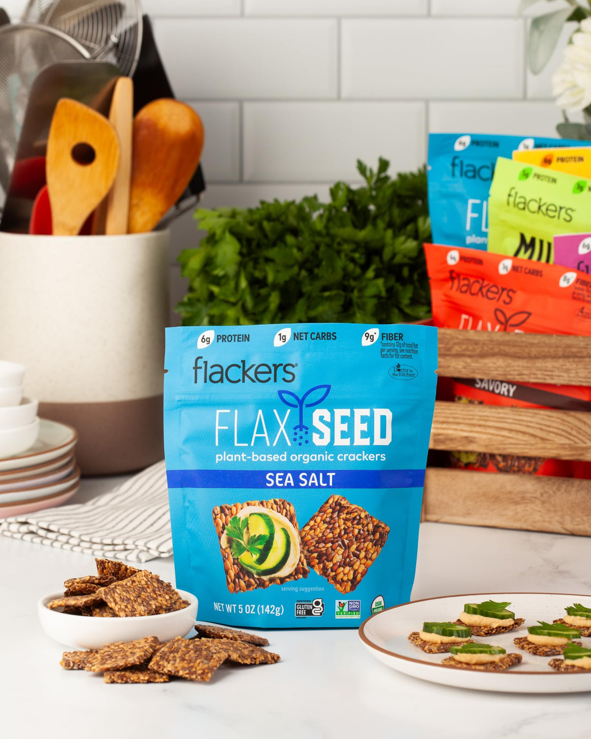 Flackers Organic Sea Salt Flax Seed Crackers – Gluten Free, High Fiber, Low Net Carbs, Vegan Keto Snack (4 x 5 oz)