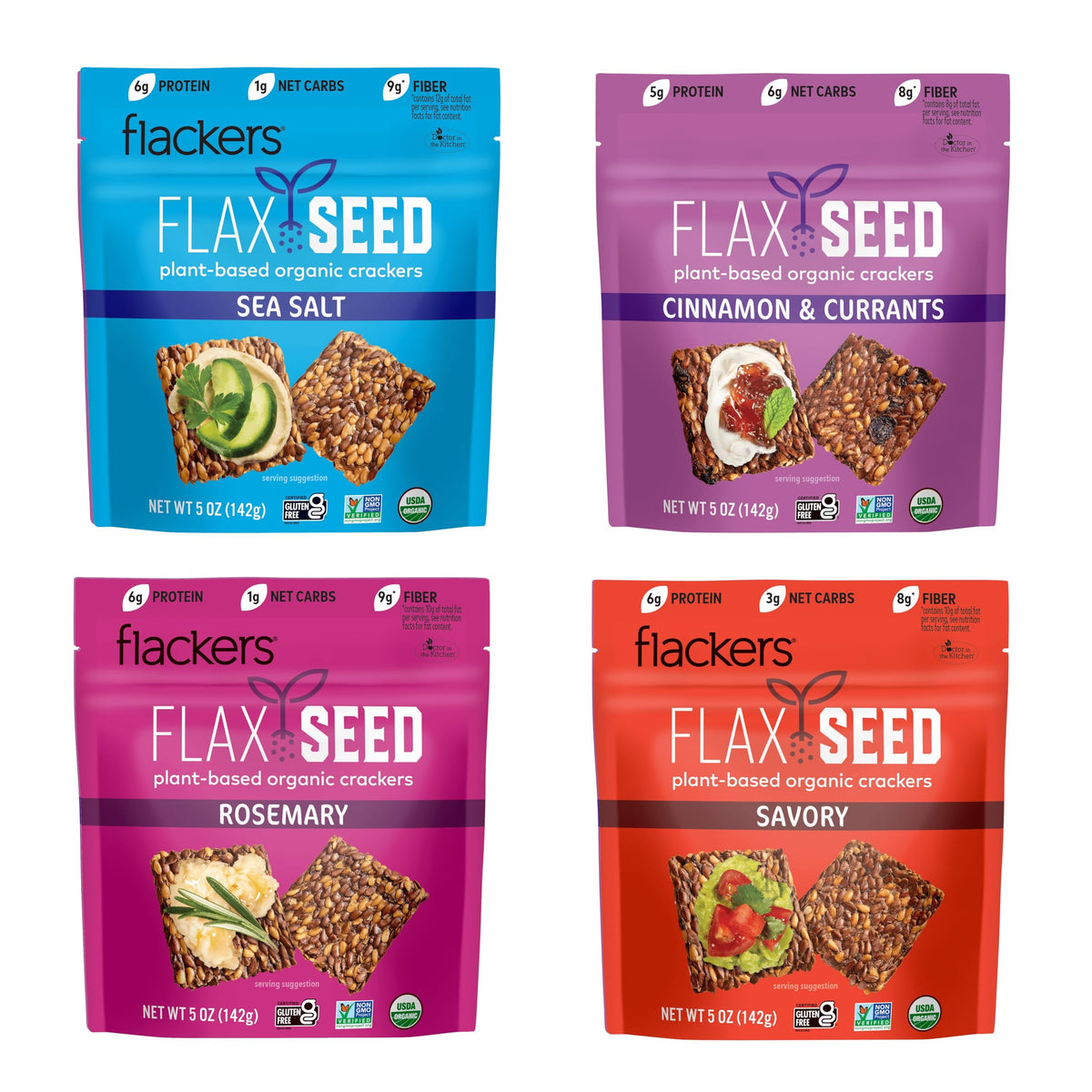 Flackers Organic Variety Flax Seed Crackers — Gluten Free, High Fiber, Low Net Carbs, Plant Protein, Vegan Keto Snack | 4-Pack 5 oz