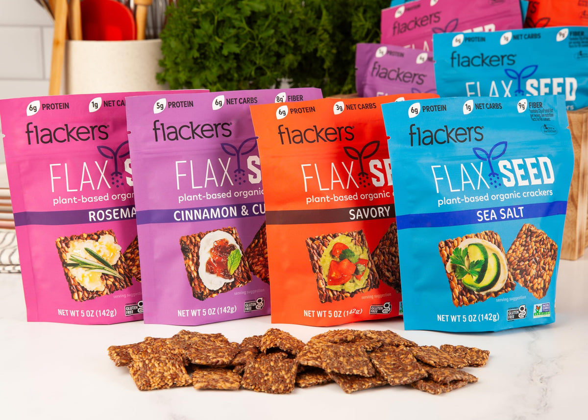 Flackers Organic Variety Flax Seed Crackers — Gluten Free, High Fiber, Low Net Carbs, Plant Protein, Vegan Keto Snack | 4-Pack 5 oz