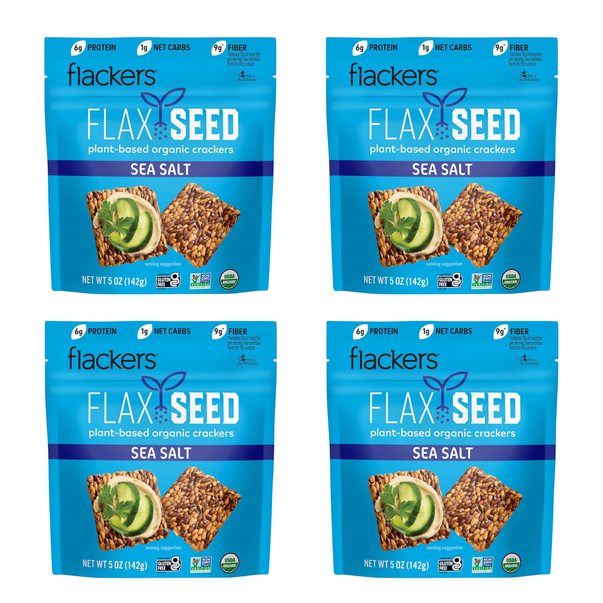 Flackers Organic Sea Salt Flax Seed Crackers – Gluten Free, High Fiber, Low Net Carbs, Vegan Keto Snack (4 x 5 oz)
