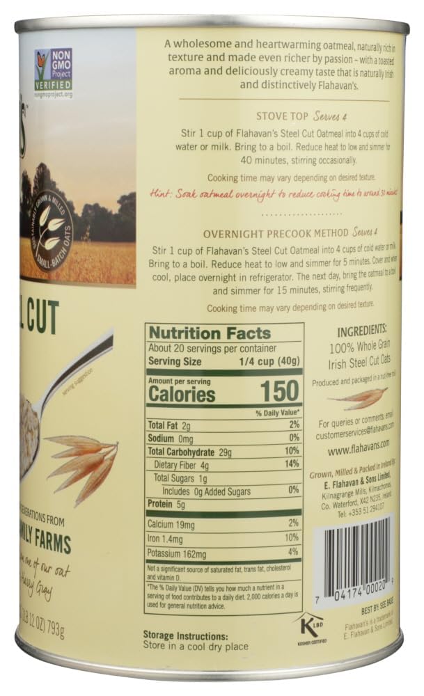 Flahavan's Irish Steel Cut Oatmeal — 2x28oz Tin, 100% Whole Grain, Non-GMO