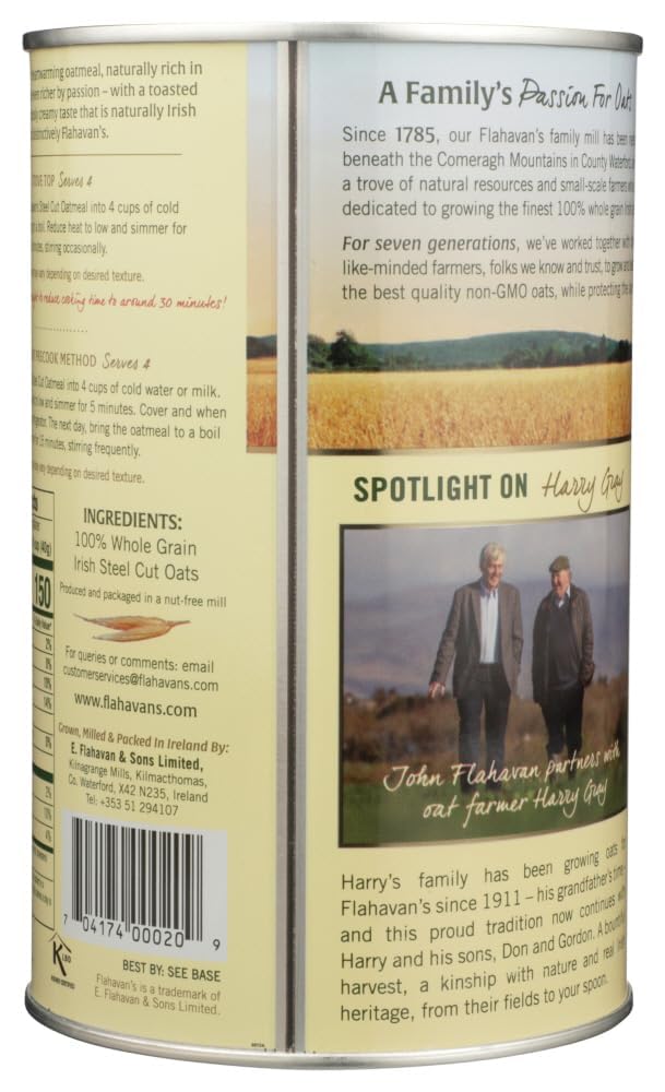 Flahavan's Irish Steel Cut Oatmeal — 2x28oz Tin, 100% Whole Grain, Non-GMO